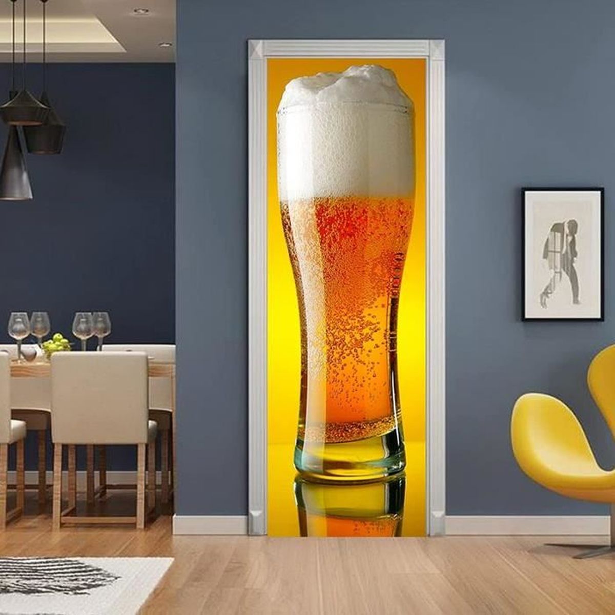 Sticker Porte 3D Géométrique Hexagonal Argenté – Autocollant Mural Abstrait 85x215 Cm – Décor Moderne