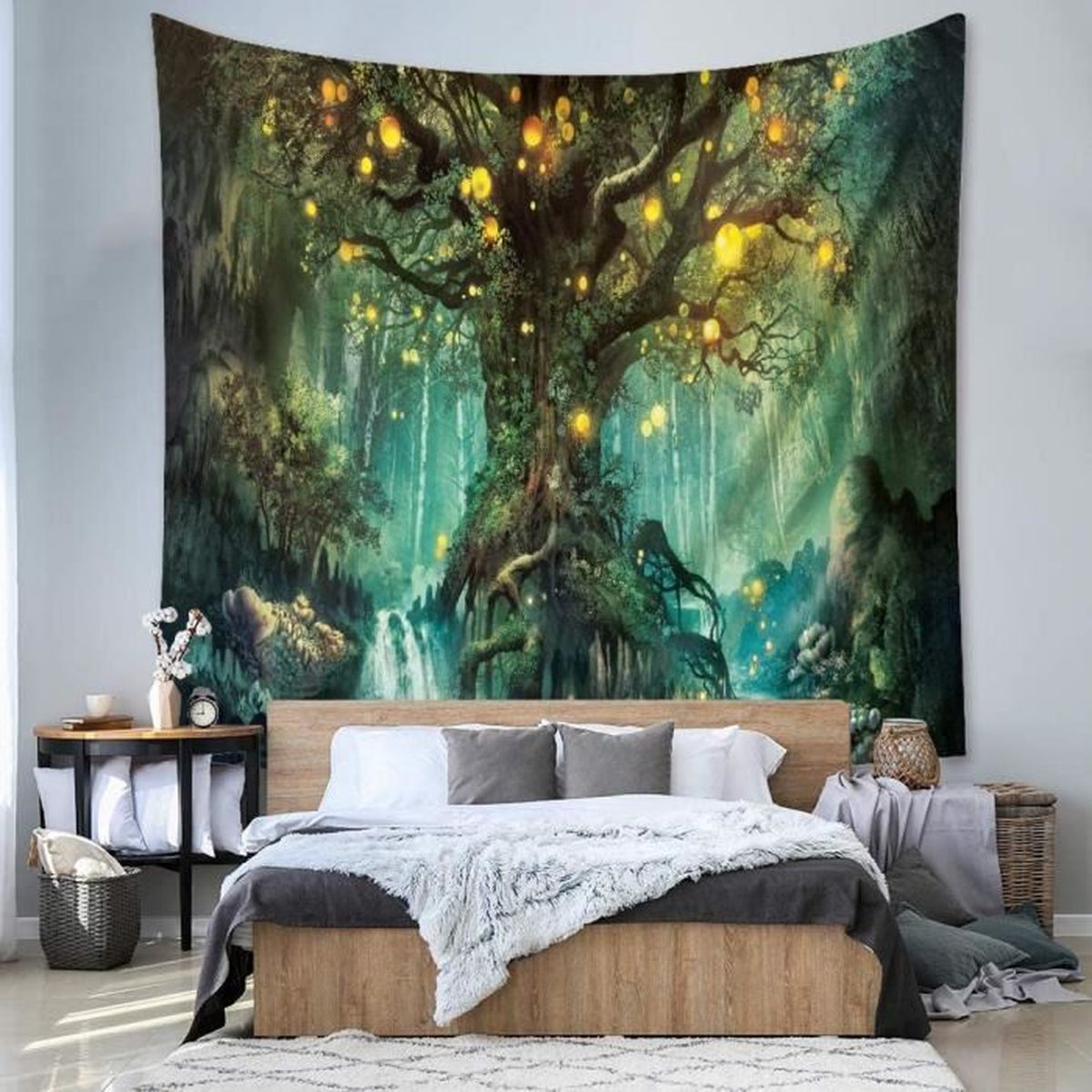 Le Beau Tissue De La Tapisserie Tapisserie murale tissu d'impression Arbre de vie mystérieuse lucioles  décorative salon chambre à coucher 200 x 150 cm - Cdiscount Maison