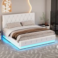 Lit coffre 140x200 cm avec sommier à lattes, tête de lit décorative à boutons, lit double avec éclairage LED, blanc