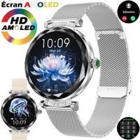 Montre Connectée Femme XtraDiTech Alliage Diamanté Strass Écran AMOLED Rond 1,19 Bordure Losange Relief 2Bracelets Acier & Silicone