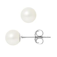 PERLINEA - Clous d'Oreilles - Véritables Perles de Culture d'Eau Douce Rondes 6-7 mm Blanc Naturel - Bijoux Femme