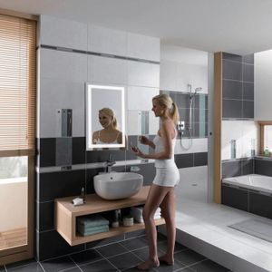 Miroir salle de bain moderne en teck avec éclairage intégré 140 cm