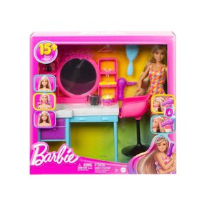 Barbie Coffret poupée et son salon de coiffure, peigne à paillettes et