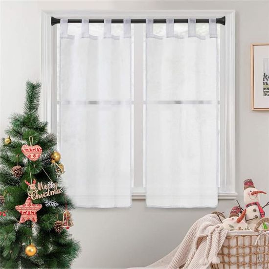 2 panneaux noël rideaux brise-bise blanc 60x120cm en polyester prêt à poser voilage transparents de fenêtre pour cuisine baie vitr