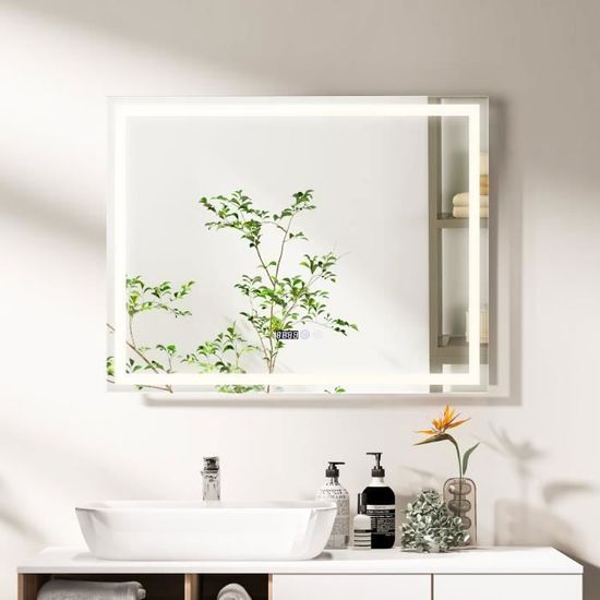 Armoire De Salle De Bain Avec Miroir LED Antibuée - 80x70 Cm, 3 Portes, Prise Intégrée, Distributeur De Papier - Rangement Élégant En Bois IVH - 1