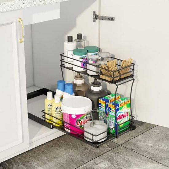 Rangement sous évier/étagère cuisine, blanc, 2 niveaux avec tiroir