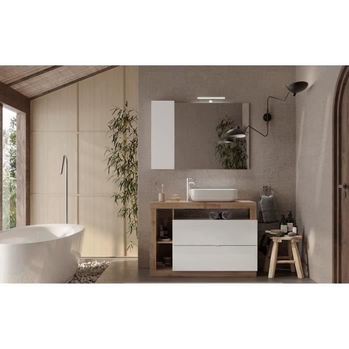 Ensemble Meuble salle de bain L110cm - Vasque + 2 Tiroirs + 3 niches - Coloris chêne clair et laqué blanc - HAMBOURG