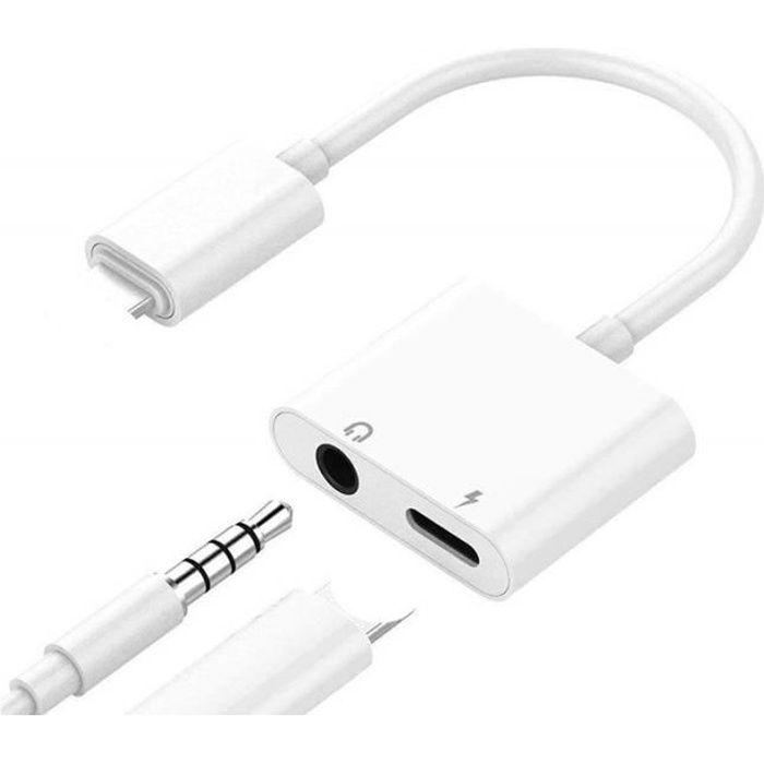 Adaptateur 2en1, Charge & Audio Double entrée Lightning et jack 3.5mm pour iPhone 7, iPhone 8, iPhone toute génération, Blanc