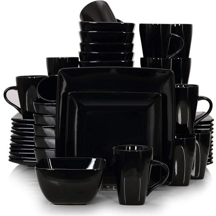 vancasso, Série Soho, 48 pièces pour 12 Personnes, Assiette Porcelaine Carrée avec Bol à Céréales et Tasse