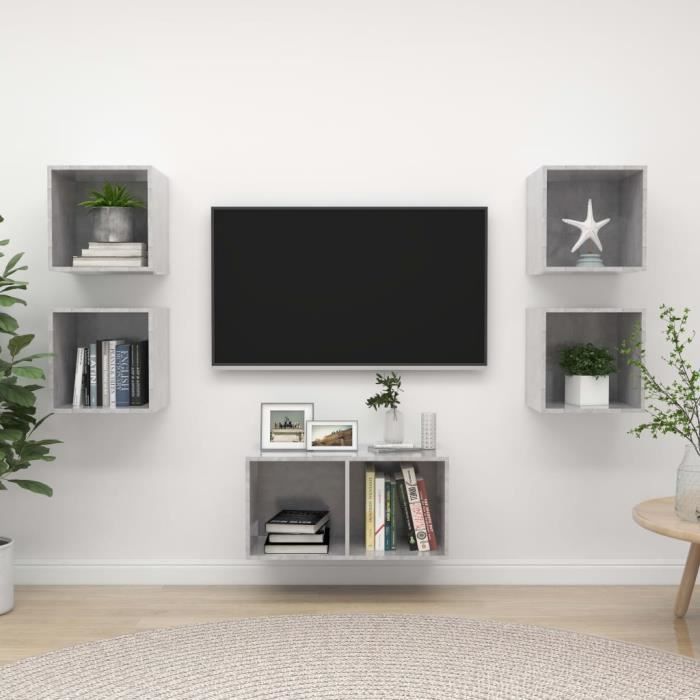 Unique Ensemble de meuble TV 5 pcs MEUBLE TV MURAL COMPLET Ensemble d'armoire HiFi Gris béton Aggloméré 9109