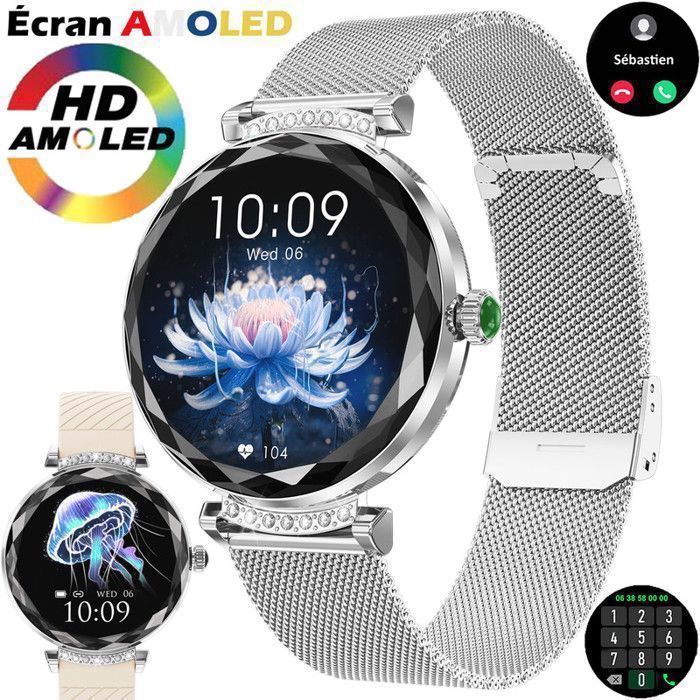 Montre Connectée Femme Ronde Smartwatch Homme Étanche IP68 Boîtier Rétro Alliage Zinc Grand Écran Tactile Ø4CM Bracelet Simili Cuir