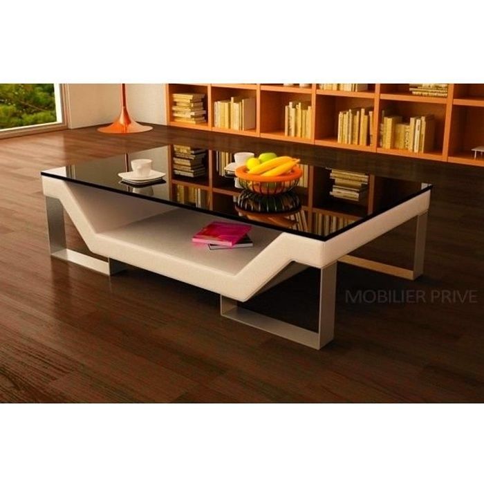 Table basse design - beige - piètement chromé - Vitre foncée - aux lignes tendances - 120x70x42 cm - ELINI