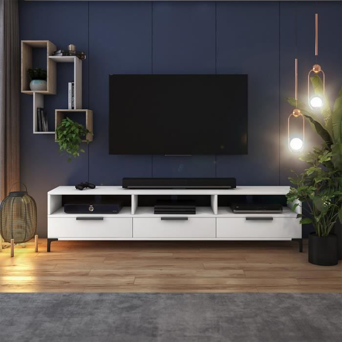 Meuble tv - RIKKE - 160 cm - blanc mat / blanc brillant - sans LED