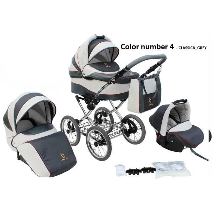 Poussette/Landau avec siège-auto 3en1 et avec accessoires & cadre en chrome et roues 14- gonflables bébé enfant Classica - Grise.