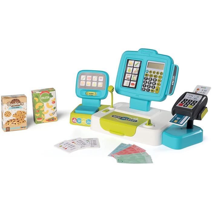 Smoby - Grande Caisse Enregistreuse - 30 Accessoires - Balance Mécanique - Vraie Calculatrice + Scanner Son et Lumière