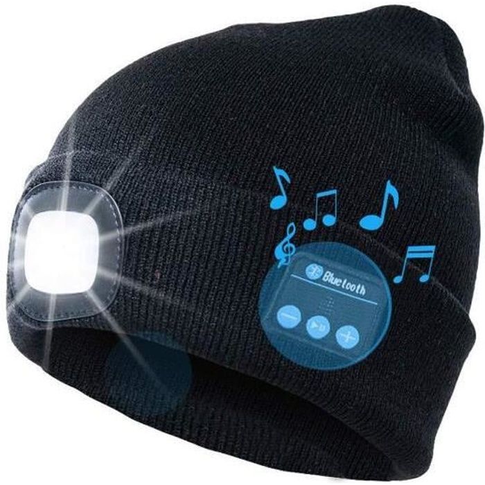 LED Bluetooth Bonnet Lumineux noir, Rechargeable USB Rechargeable Musical Running Chapeau Ultra Lumineux 4 LED Lampe Étanche Utilisa