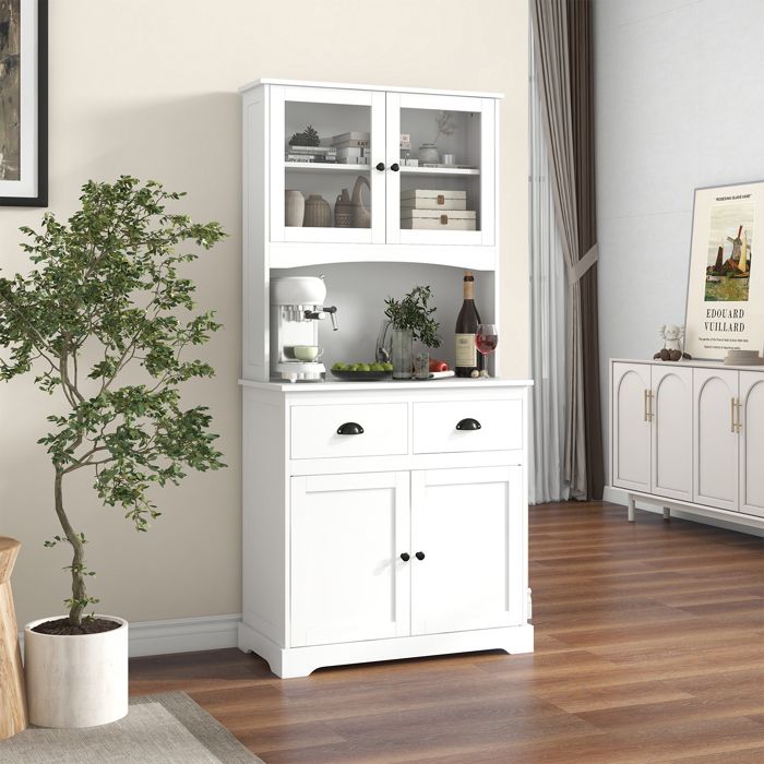 Buffet de Cuisine 170 cm à 4 Portes COSTWAY 2 Tiroirs 3 Etagères Réglables Armoire avec 2 Portes en Verre Trempé Blanc