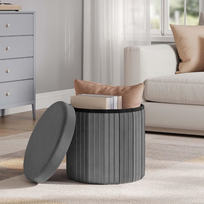 Pouf Rond avec Rangement - WOLTU Tabouret Pliable - Couvercle Velours - MDF - 38x38x36cm - Gris Foncé