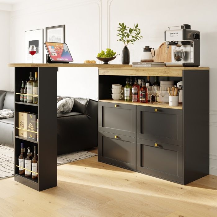 Meuble de Cuisine Armoire de Salon Buffet Bas avec Étagère Grand Espace Rangement 4 Tiroirs llót central 138-105x39x102cm Noir