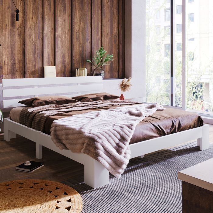 Structure de lit Nouveau épaissi lit en bois design moderne lit double en cadre et tête de lit avec cadre à Lattes - 200 x 140 cm