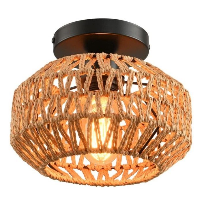 WOTTES Rotin Plafonnier Vintage Boho - Cage en Rotin Brun - Rétro Plafonnier Rustique - pour Cuisine Couloir Salon - 1pcs Ø20*17CM