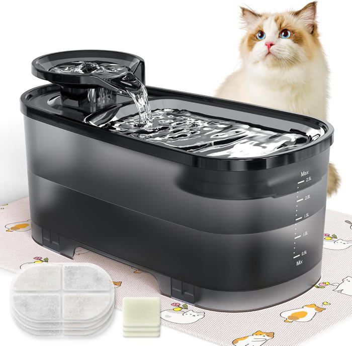 Comparer les prix de Fontaine A Eau Chat 2.5 L,Fontaine À Eau Pour Chat 2.5 W Silencieuse Avec Filtre À Charbon Actif,Réservoir D'Eau Noir Translucide
