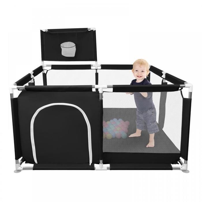 LIFEZEAL Grand Parc Bébé 206x185,5x68 cm en Tissu Oxford avec 50 Balles et 4 Anneaux, Parc de Jeux Bebe avec porte coulissante et Ventouses Antidérapantes, Centre d'Activité, 10 mois , Gris foncé