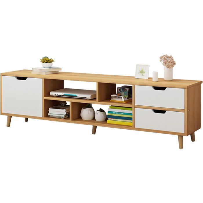 Meuble TV Blanc Avec 3 Tiroirs Et étagères Ouvertes - 190 X 40 X 42 Cm - Panneaux De Particules - Design Moderne Pour Salon - 4
