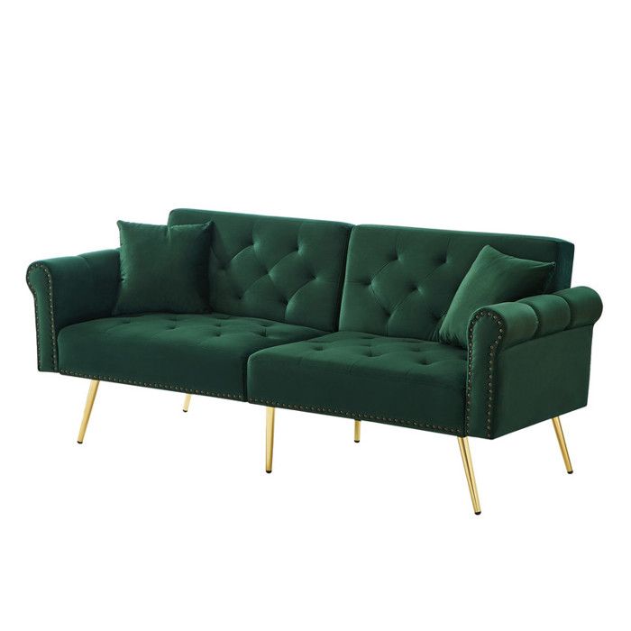 Canapé Convertible 2 Places canapé Lit scandinave velours dossier réglable en 3 Niveaux pieds en métal Canapé élégant Vert antique