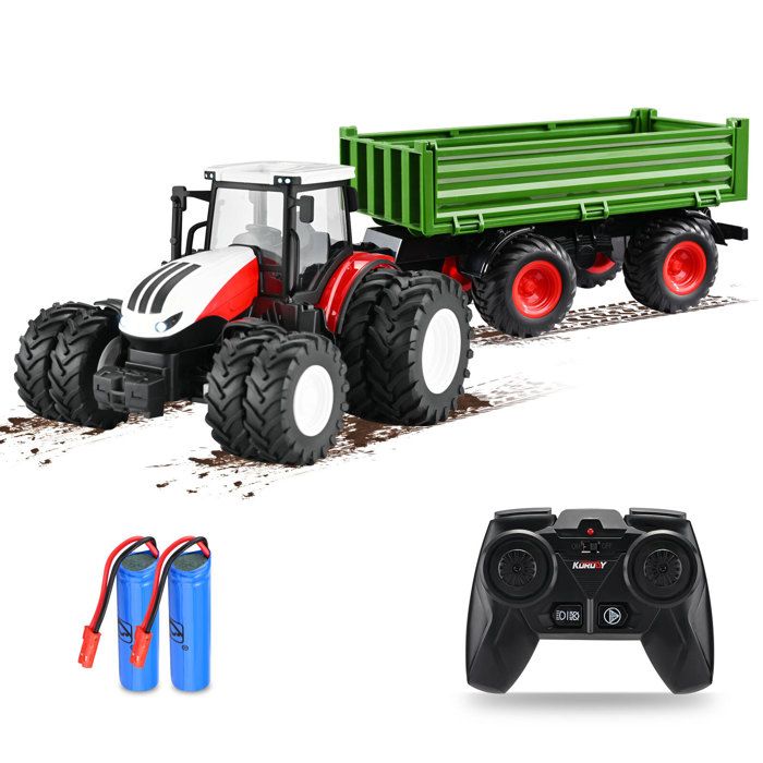 Tracteur Télécommandé Enfant Avec Remorque électrique - 2,4 GHz, Phares LED, Accessoires Ferme - Cadeau 3 à 7 Ans - 7