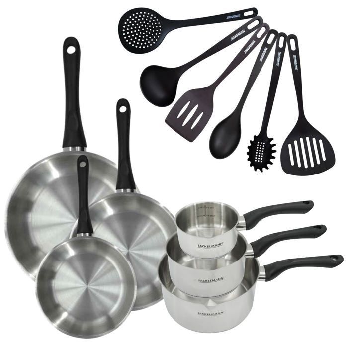 Batterie de cuisine à induction - FACKELMANN - Geneva - Inox 18/8 - 12 pièces - 3 Poêles 3 casseroles et 6 ustensiles