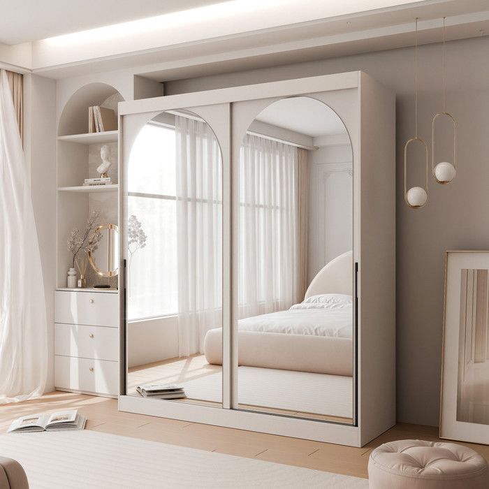 Armoire CLARITY - 7 compartiments - avec miroir - 150x65x215 cm - Cachemire / Poignées noires