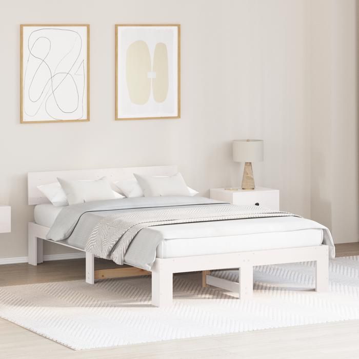 Lit Double Adulte Cadre de lit avec Tête de Lit - SOLOMON - blanc 140x190 cm en bois de pin JILLS 44102
