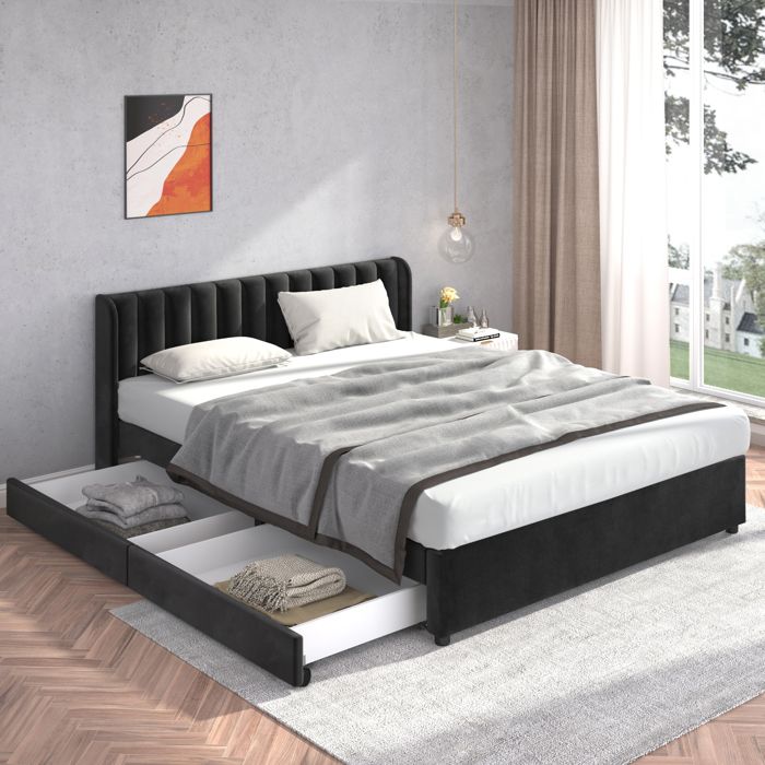 Lit capitonné 180 x 200 cm avec 2 tiroirs de rangement lit double en velours avec tête de lit confortable et sommier inclus noir
