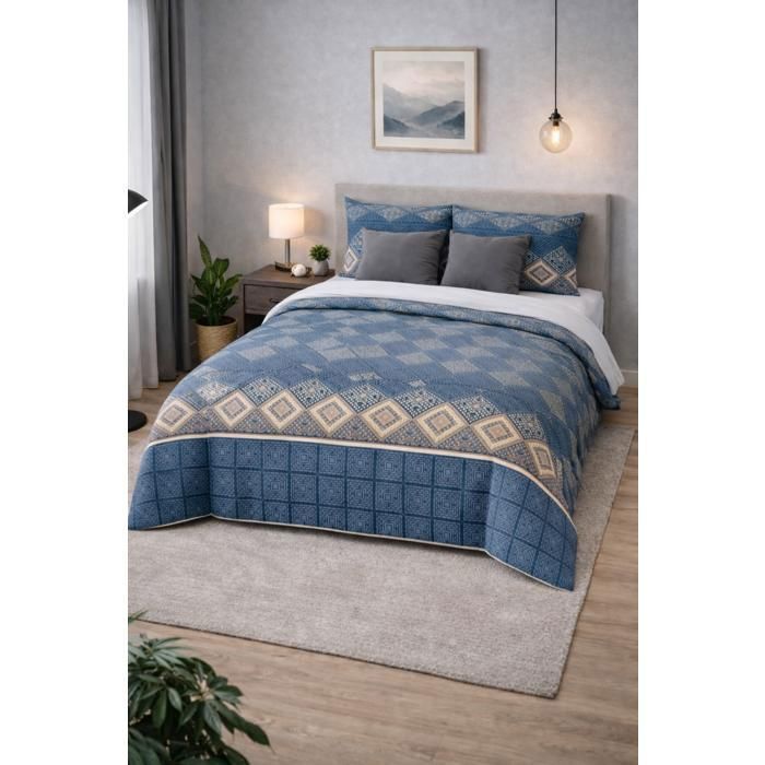 Couette légère imprimée Ethnic blue / Non tissé blanc - 1 ou 2 personnes 200 x 200 - MORTREUX