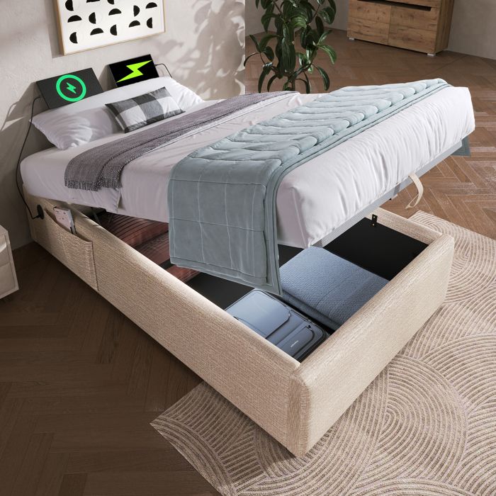 Lit coffre 1 place 90x190 cm rembourré lin naturel avec sommier à lattes et ports USB/USB-C