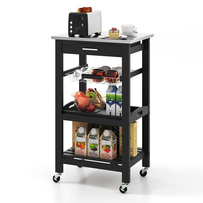 Desserte de Cuisine sur Roues COSTWAY 47 x 37 cm Plateau en Acier Inox Tiroir Coulissant Cadre en Bois Panier en Fil Métallique