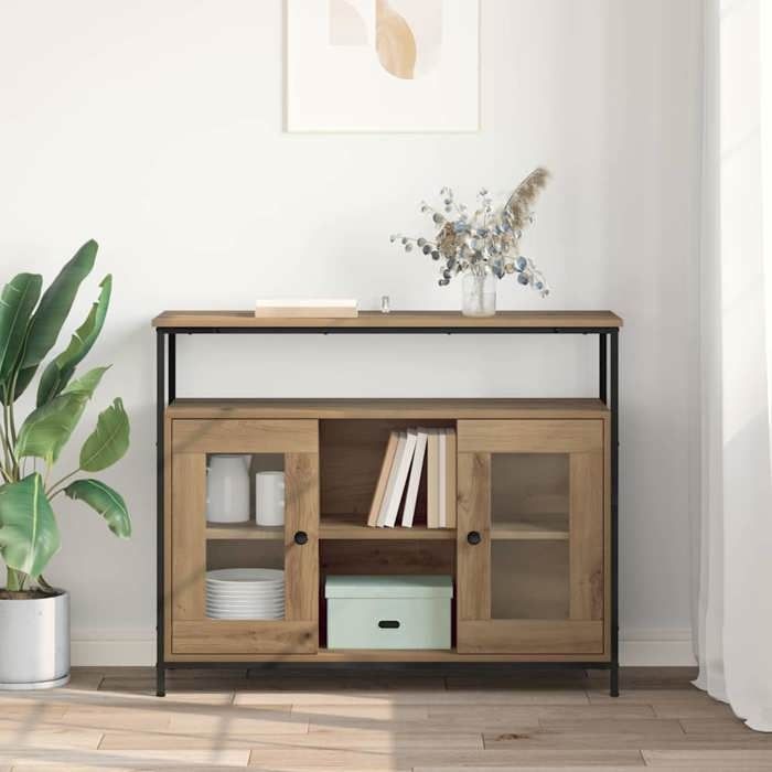 Buffet de rangement en bois dingénierie - MEUBLECHIC - 100x35x80 cm - Chêne artisanal - Pieds et poignées noirs
