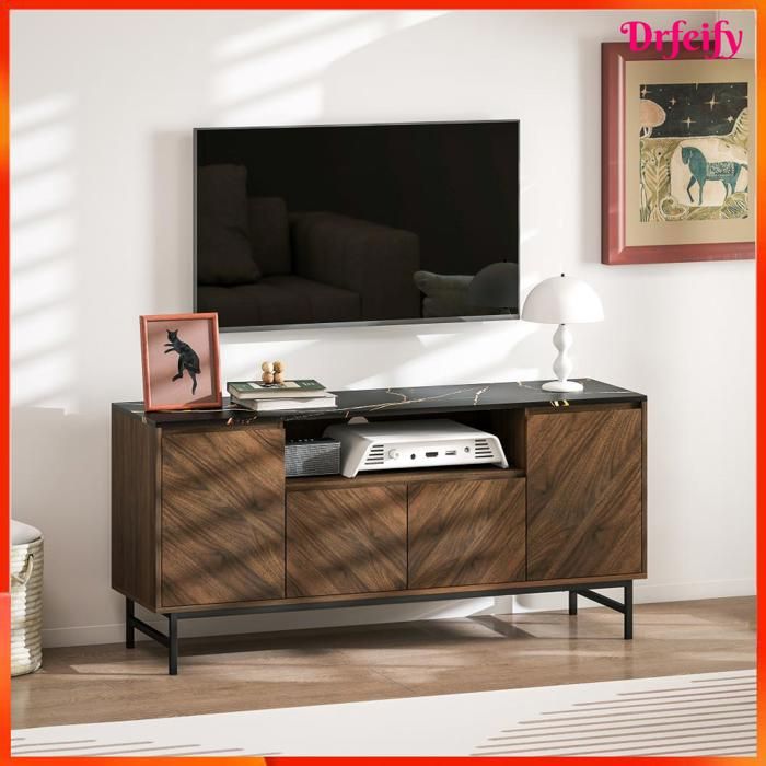 Meuble TV - AKOZON - 12384 - Effet marbre noir - Finition noyer - 140x39x66 cm
