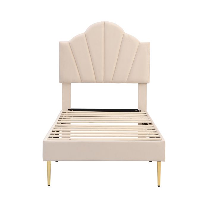 Lit Simple 90x200 cm - Lit en Velours avec Tête de Lit Coquillage et Banquette Intégrée - Lit Capitonné Sans Matelas - Beige