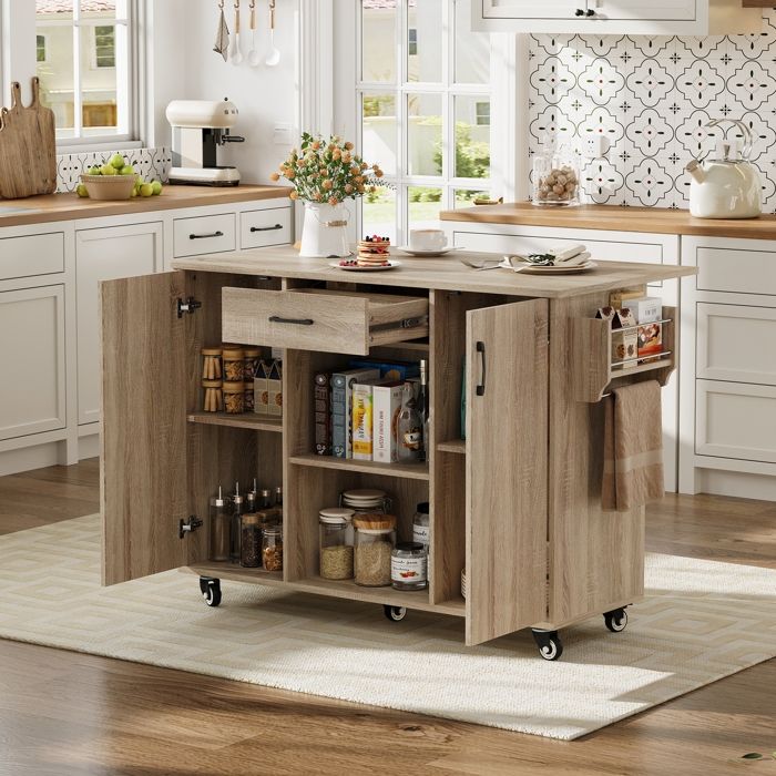 Desserte Cuisine à 5 roulettes 92.9x120x43.5cm - Îlot Central-Buffet Salles à Manger avec Plan de Travail Pliable-1 Tiroirs-nature