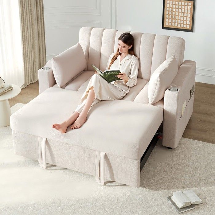 Canapé-lit - Multifonction convertible - Dossier 3 positions - Accoudoirs avec porte-gobelets - 2 coussins inclus