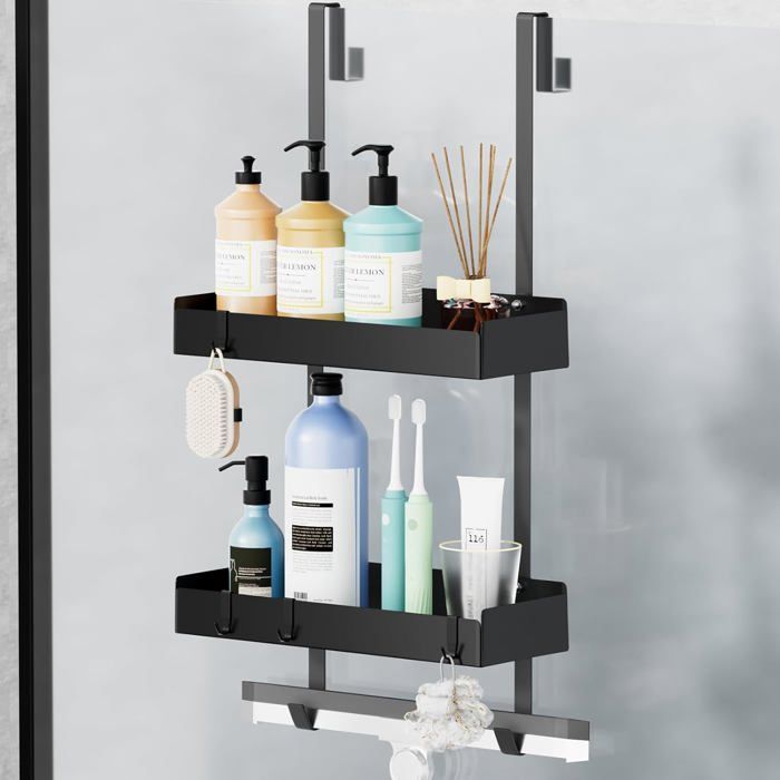 Étagère Douche À Suspendre Sans Perçage Rangement Salle De Bain En Acier Inoxydable Porte-Shampoing Pour Porte De Douche Noir