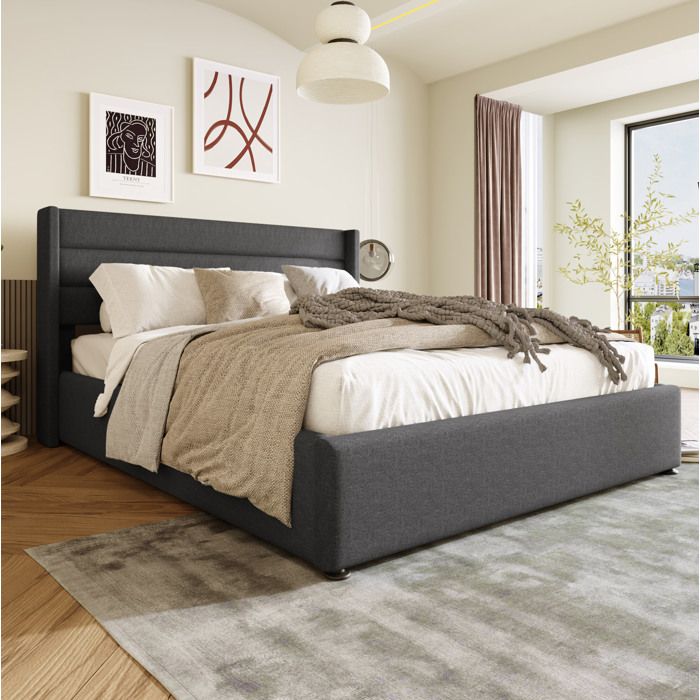 ROVRYN Lit coffre 160 x 200 cm avec sommier à lattes tête de lit rembourrée cadre en métal et tissu gris