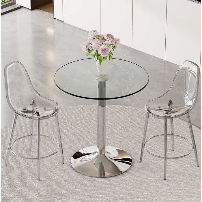 Ensemble table et chaises de bar avec 1 table ronde et 2 tabourets - UVRION - Verre Métal et Plastique - Argent