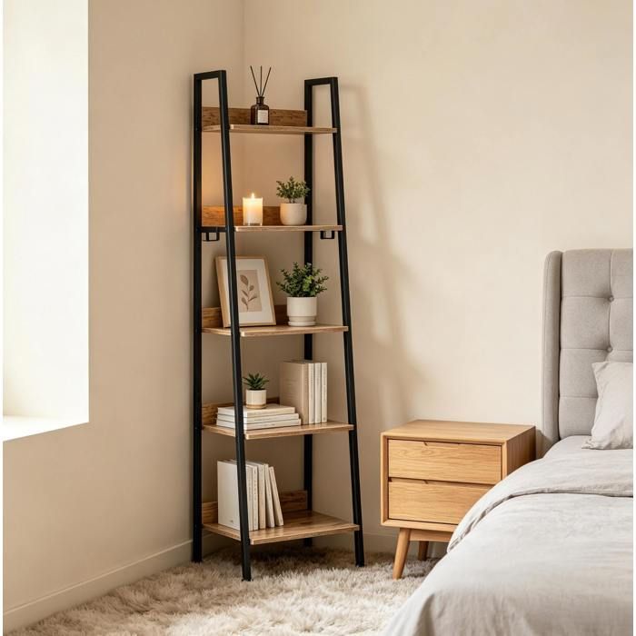 Bibliotheque Echelle Noir Chene Fonce Etagere Industrielle FloraGrace Pour Salon Ou Salle De Bain Avec 4 Crochets 40x36x170cm
