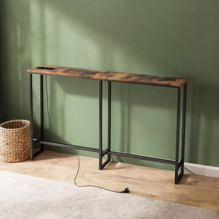 Console étroite 160x20x80 cm style industriel avec prises et ports USB pour entrée ou salon