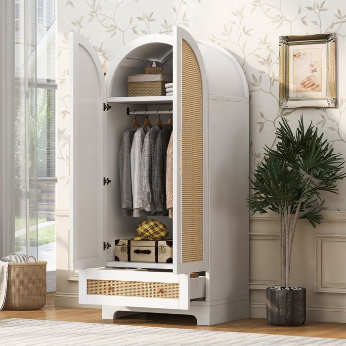 Armoire penderie 70x55x170 cm avec portes arquées effet rotin 2 tiroirs rangement intérieur blanc