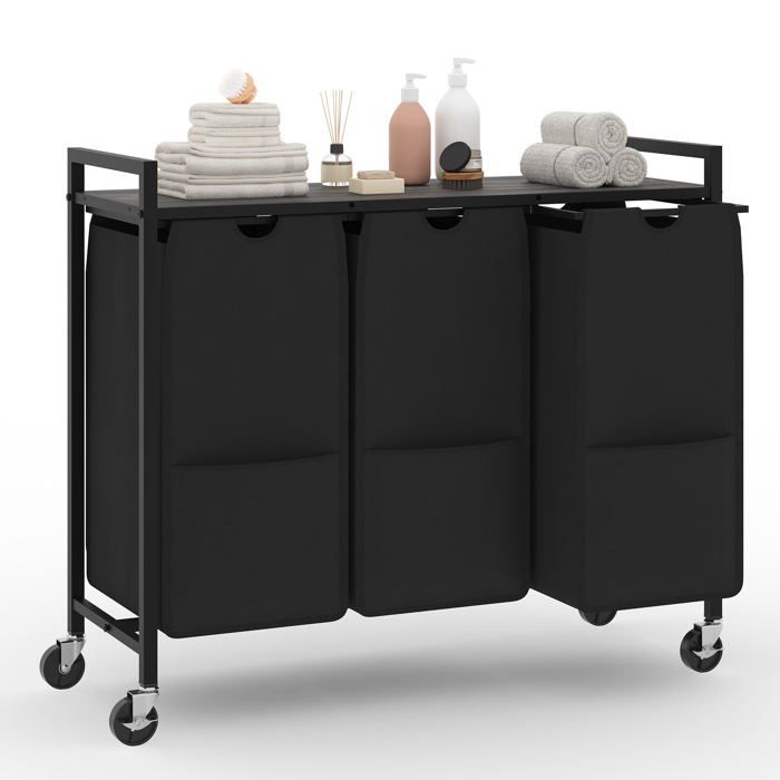 Panier à linge 3 compartiments sur roulettes avec étagère (45 kg max) 3 sacs amovibles coulissants 48L cadre métal pour buanderie