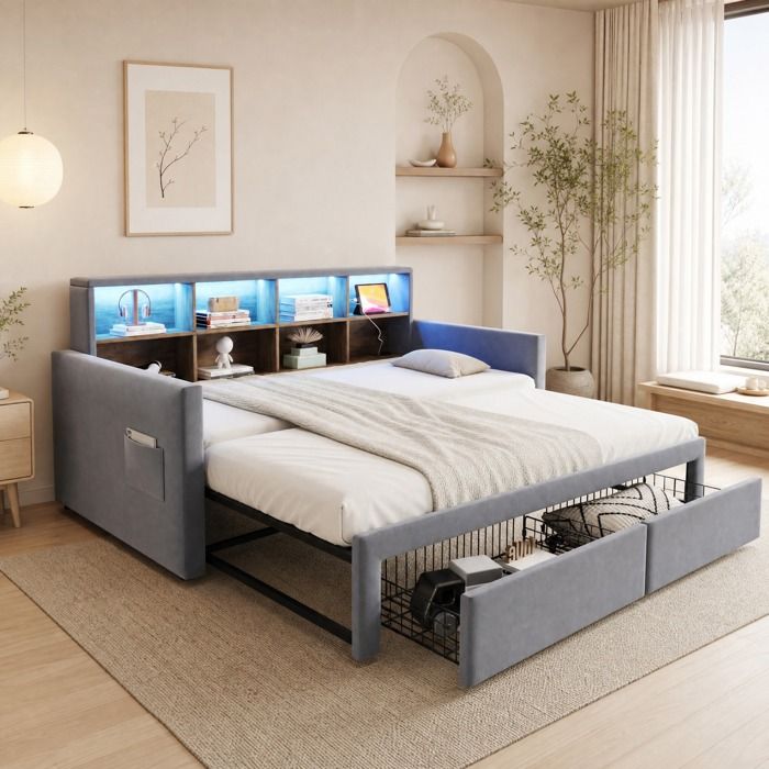 Lit rembourré extensible Gris clair 204 x 104 x 96 cm couchage 90/180 x 190 cm LED prises 2 tiroirs